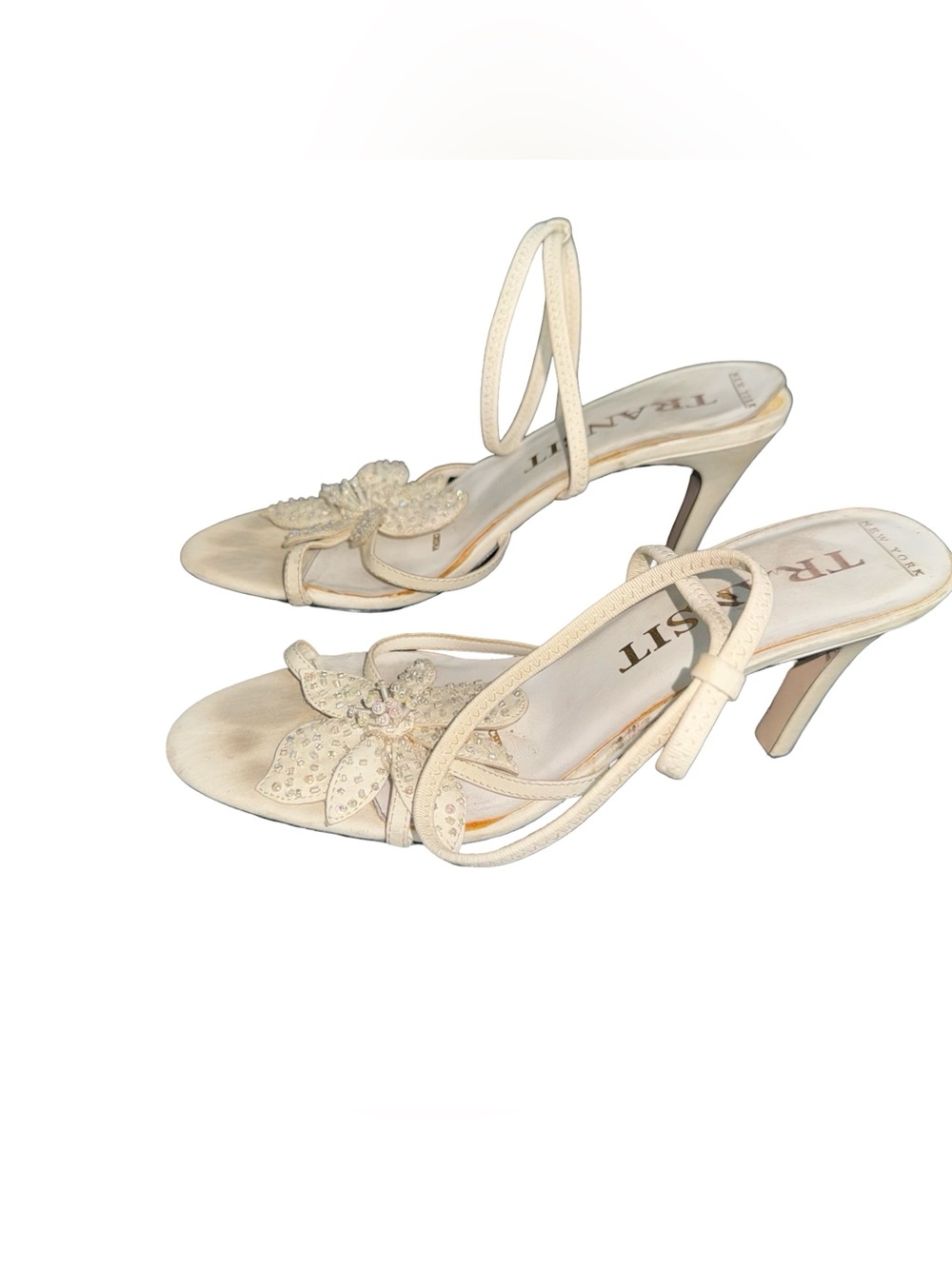 Vintage Transit New York Y2K Floral Beaded Strappy Heels Size 7.5 M Ivory